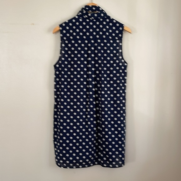 J.Crew Blue White Polka Dot Cotton Tunic Shirt M Sleeveless Belted Pockets - Picture 6 of 8